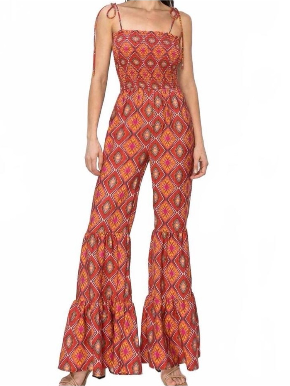Smocked Tie-Shoulder Wide-Leg Jumpsuit in Orange Diamond Print